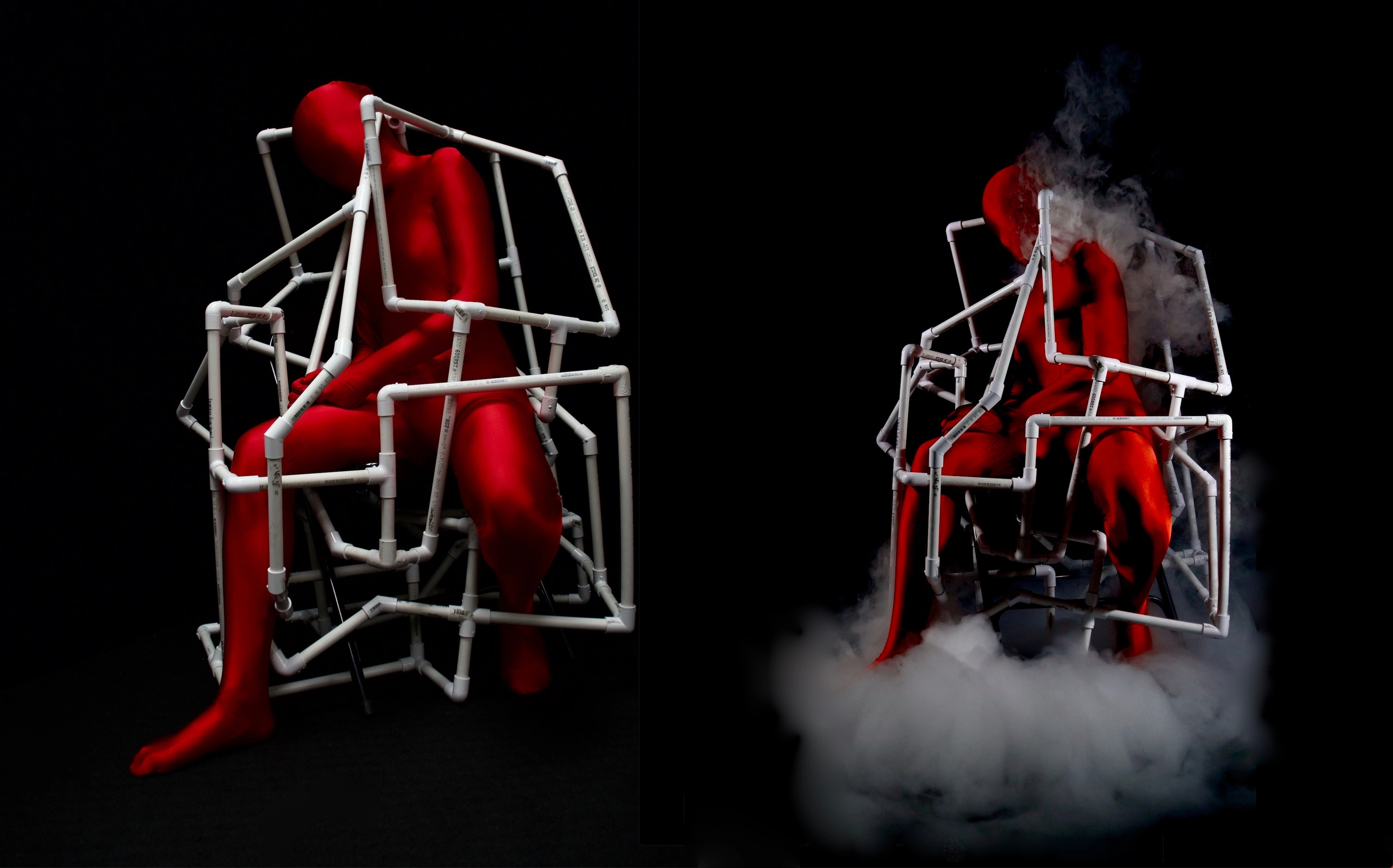 A figure in a red morphsuit inside a white PVC structure, shown with and without smoke.
