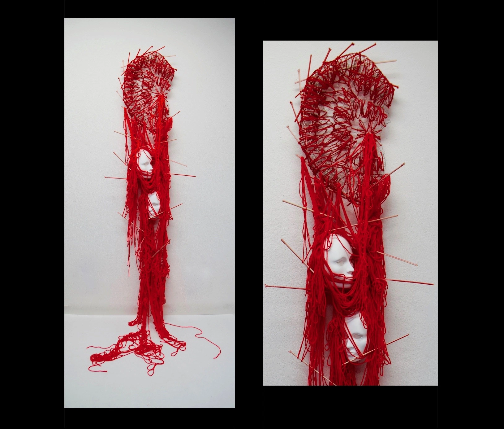 Two views of a tall red yarn and wire-mesh ear sculpture with small masks.