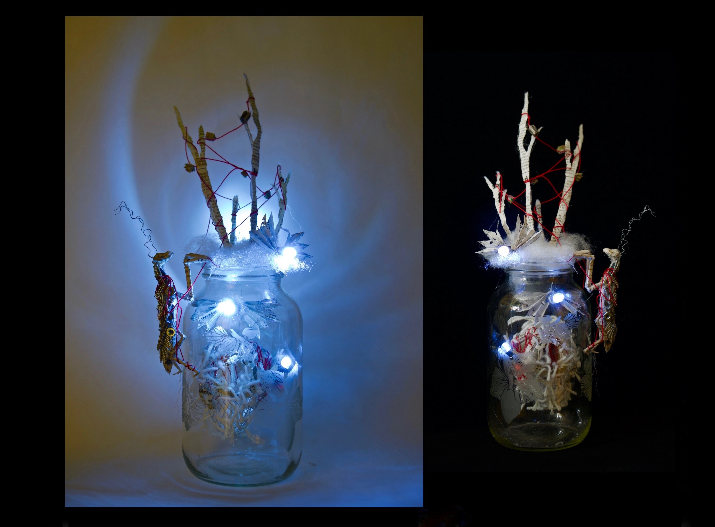 Two views of an illuminated glass jar holding wire, paper, and embroidery-string forms.