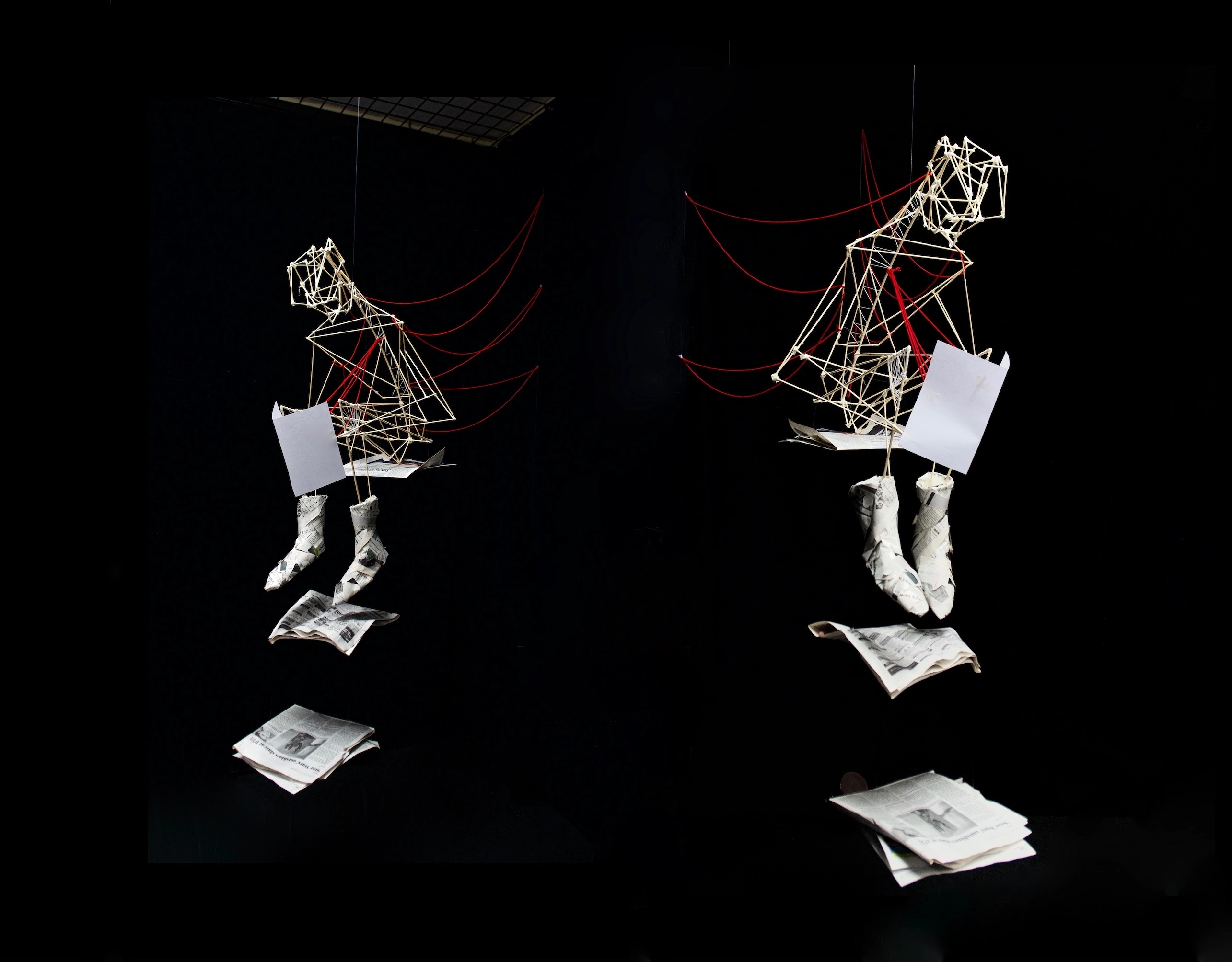 Two views of a suspended figure made of wooden skewers, with newspaper at its feet.