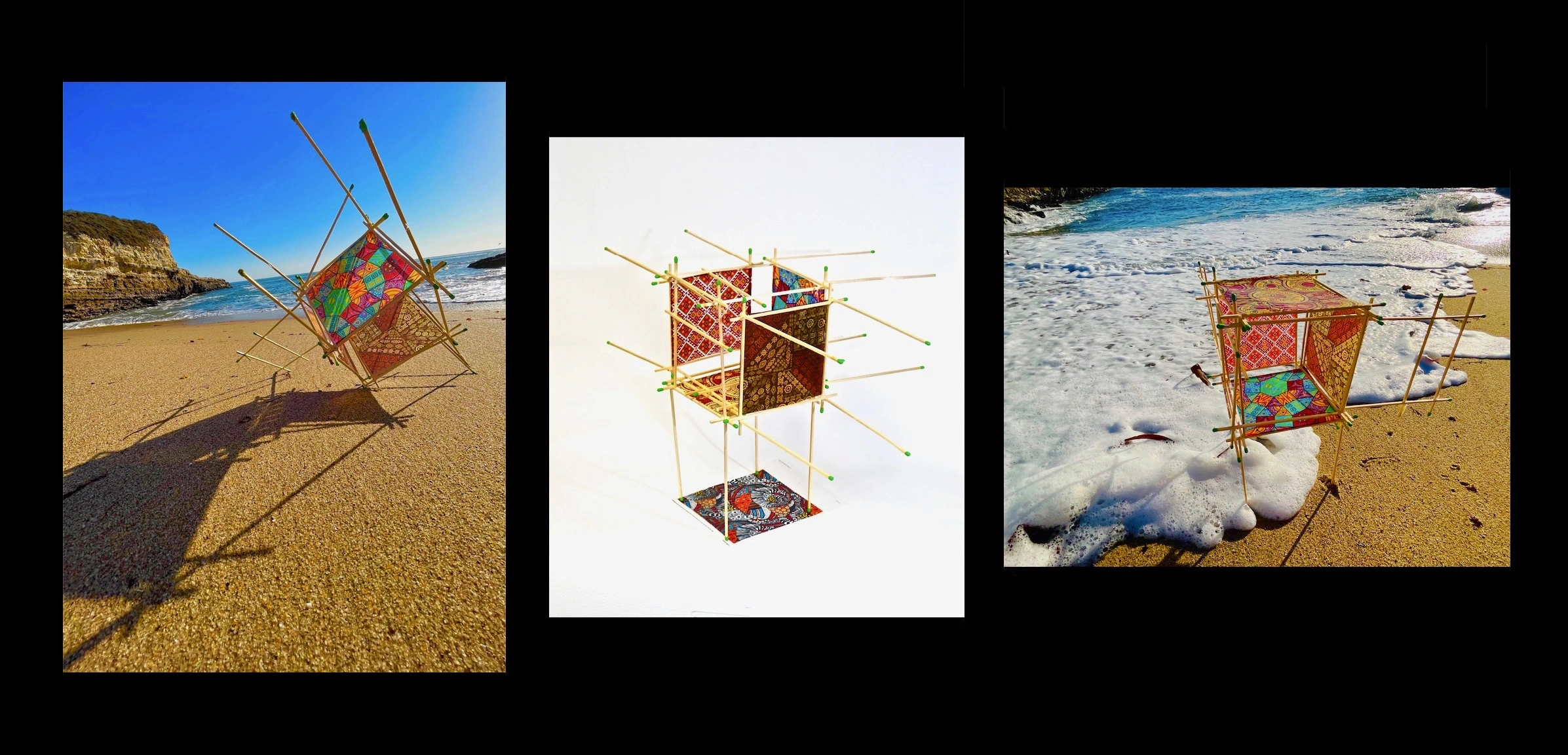 Patterned miniature matchstick chairs photographed at the ocean shore and in a studio.