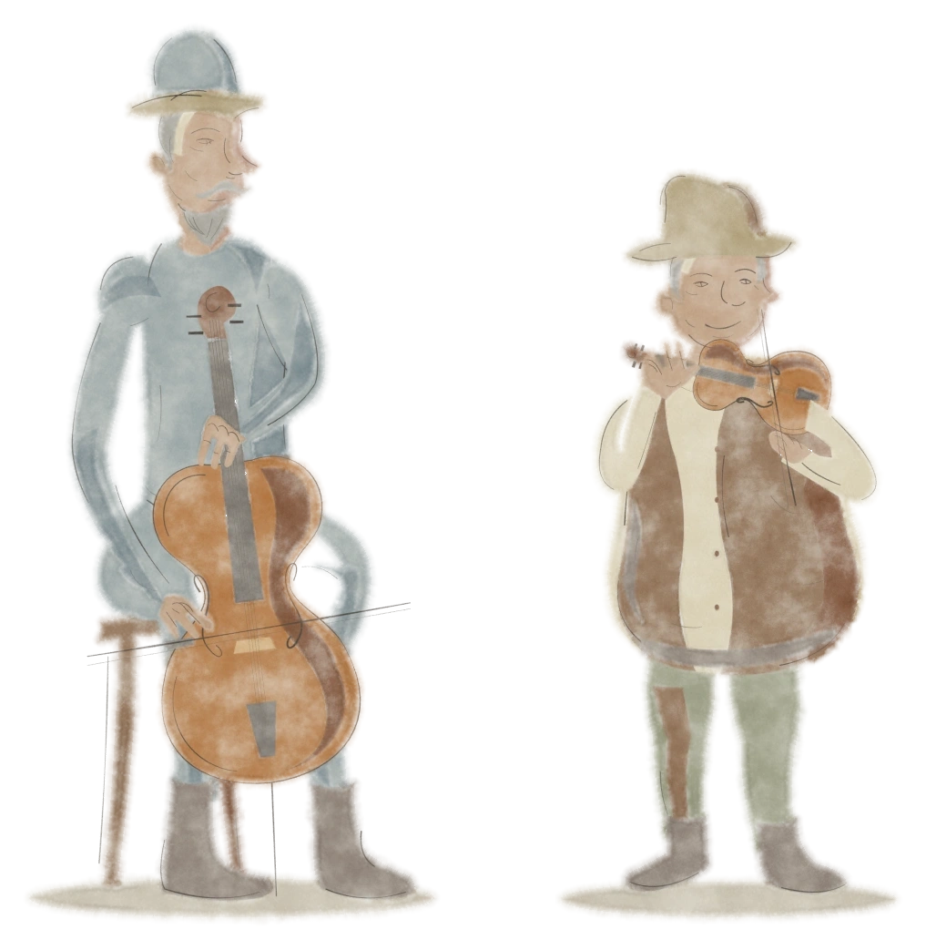Watercolor illustration of Don Quixote in worn armor playing the cello, beside Sancho Panza in rustic clothing playing the viola.
