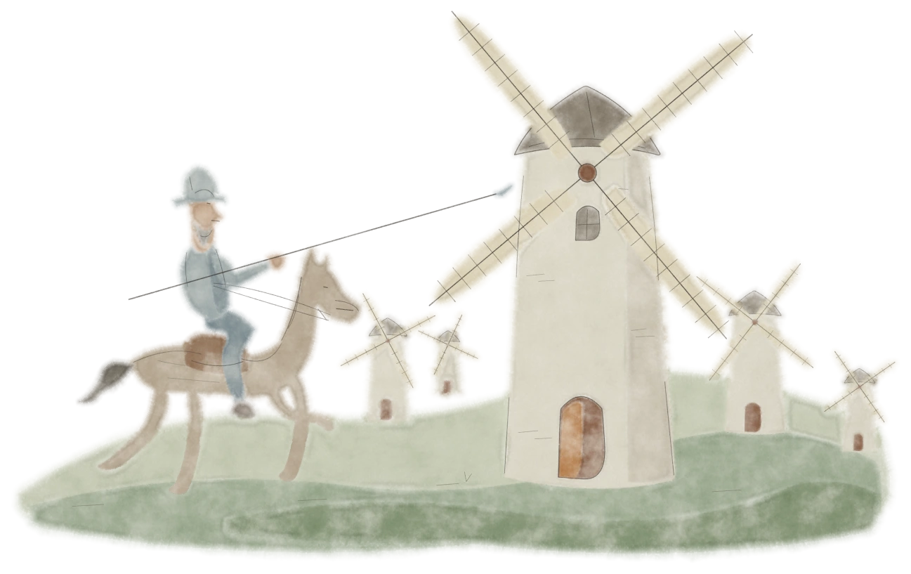 Watercolor of Don Quixote on Rocinante, charging with his lance toward whitewashed windmills across green hills.