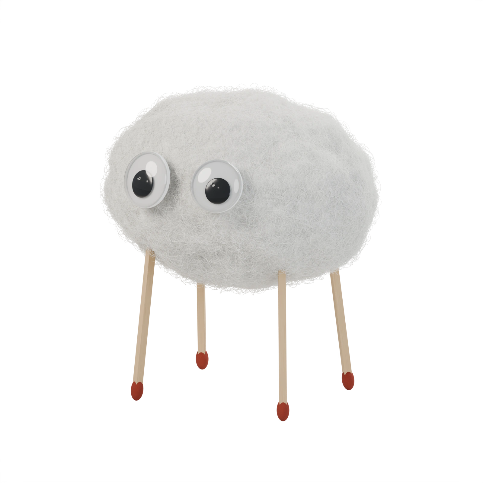 A fluffy cotton-ball sheep with two plastic googly eyes and four wooden matchstick legs.